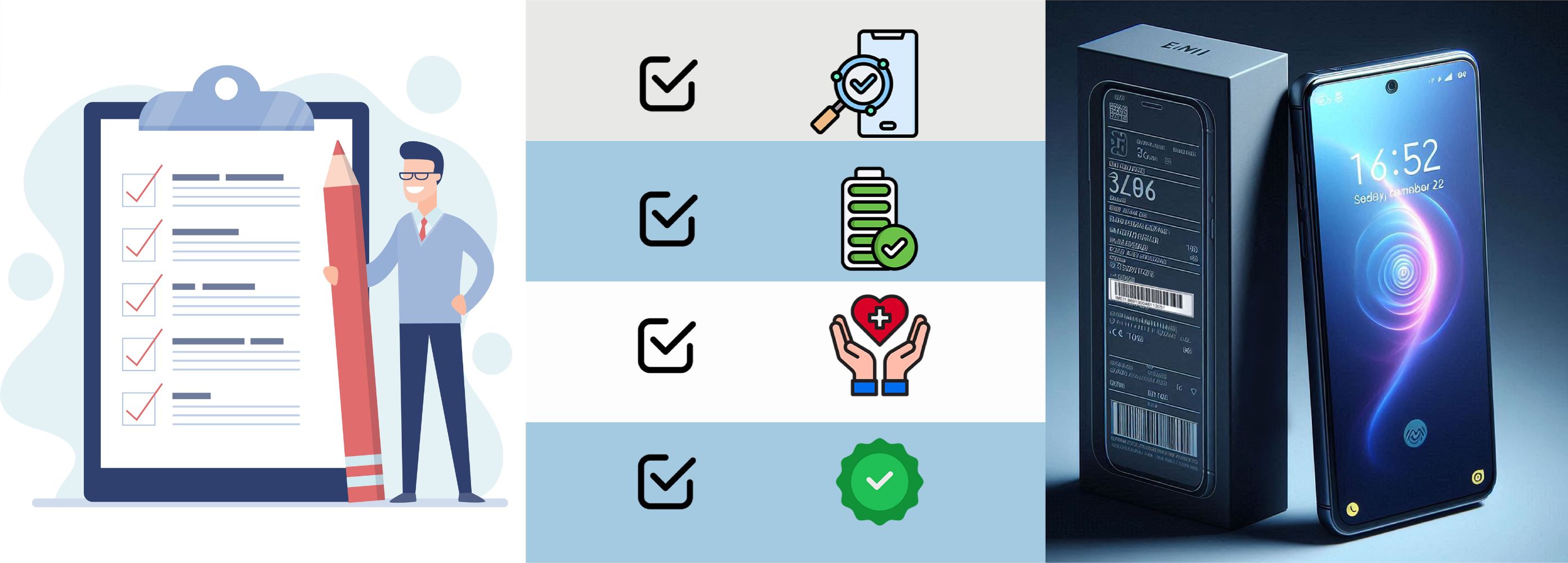 A combined visual of a checklist for buying second-hand phones, a phone being inspected with a magnifying glass, and IMEI verification with a phone and its box